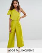 Asos Tall Bow One Shoulder Wide Leg Culotte Jumpsuit - Green