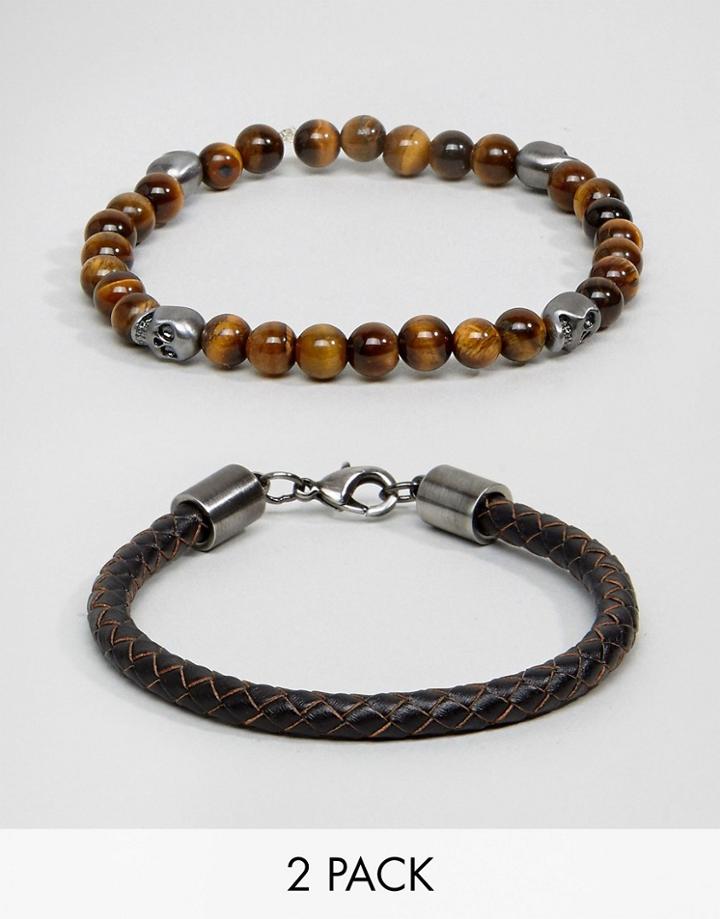 Simon Carter Beaded & Leather Bracelet With Skulls In 2 Pack - Multi