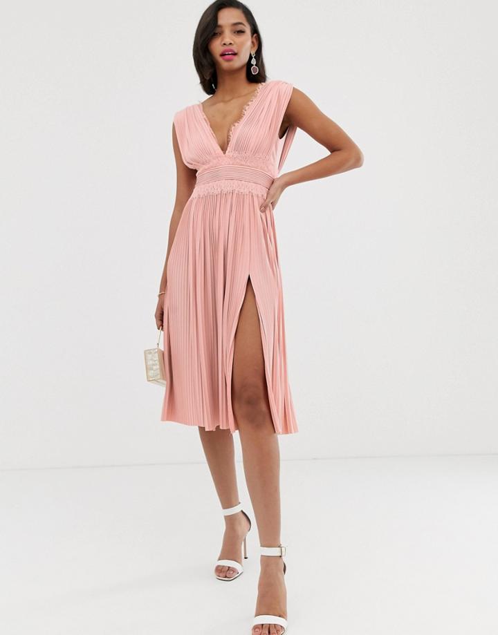 Asos Design Premium Lace Insert Pleated Midi Dress