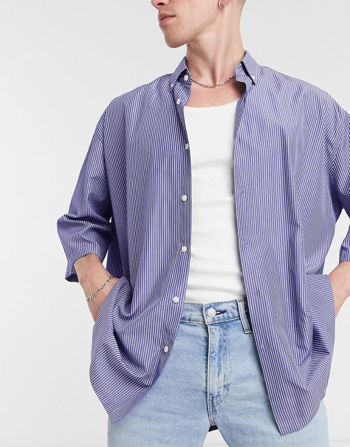 Asos Design Super Oversized Dad Shirt With Half Sleeve In Stripe-blue