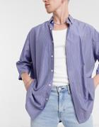 Asos Design Super Oversized Dad Shirt With Half Sleeve In Stripe-blue