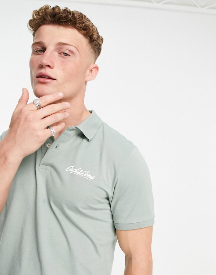 Jack & Jones Script Logo Polo In Dusty Green