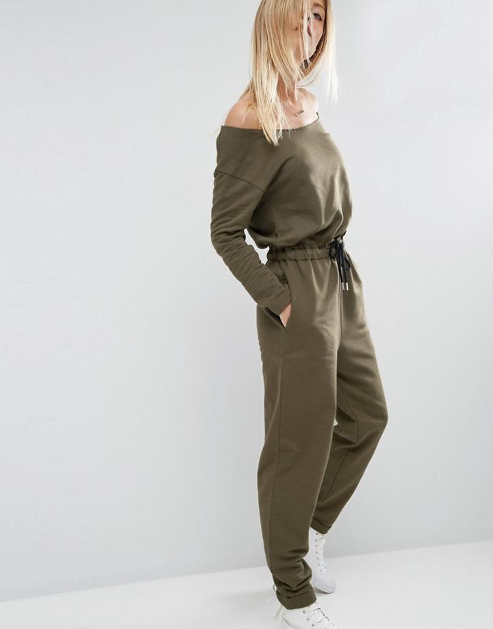 Asos Jumpsuit With Off Shoulder In Sweat - Green