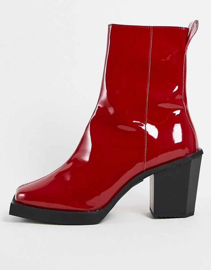 Asos Design Heeled Chelsea Boots In Red Patent Faux Leather With Black Sole