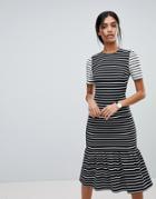 Asos Midi Dress With Pep Hem In Mono Stripes-multi