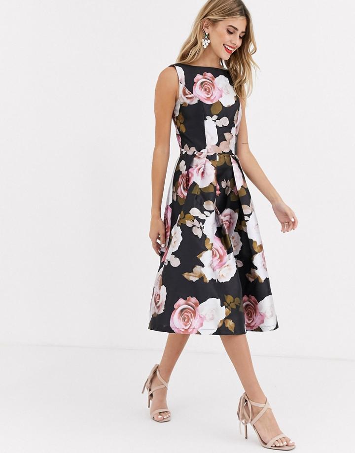 Chi Chi London Prom Satin Midi Skater Dress In Dark Floral-multi