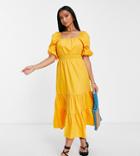 River Island Petite Belted Puff Sleeve Poplin Midi Dress In Peach-orange