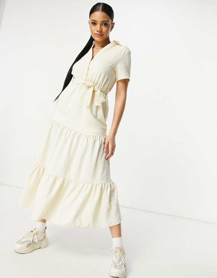 Unique21 Tiered Woven Shirt Midi Dress In Ecru-white
