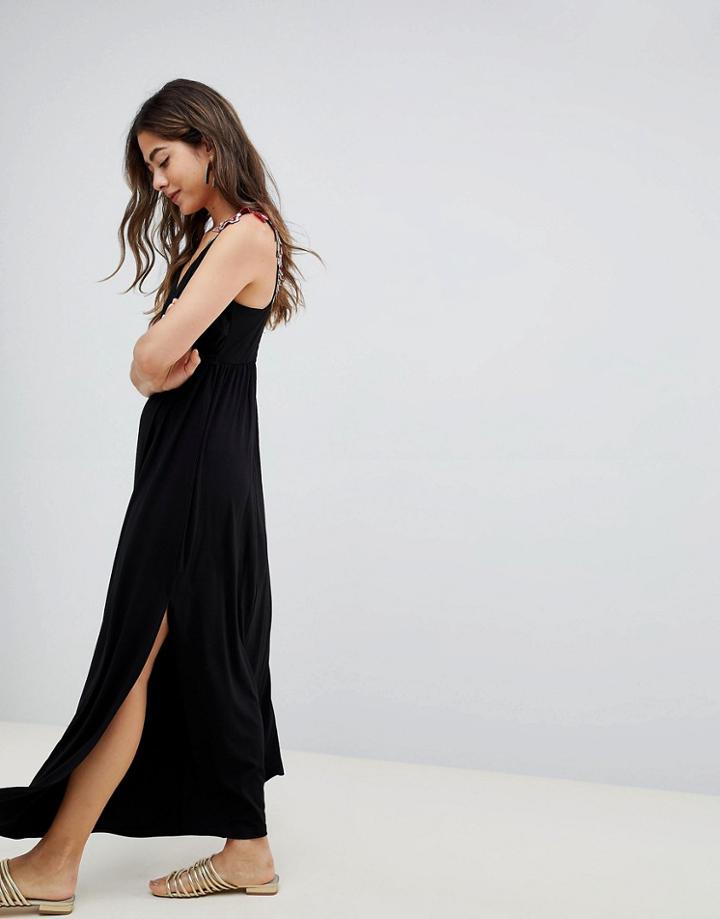Asos Design Rose Applique Strap Maxi Dress - Black