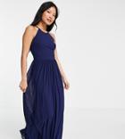 Tfnc Petite Bridesmaid High Neck Pleated Maxi Dress In Navy