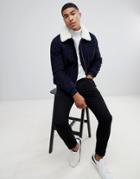 Asos Design Wool Mix Harrington Jacket With Fleece Collar In Navy - Navy