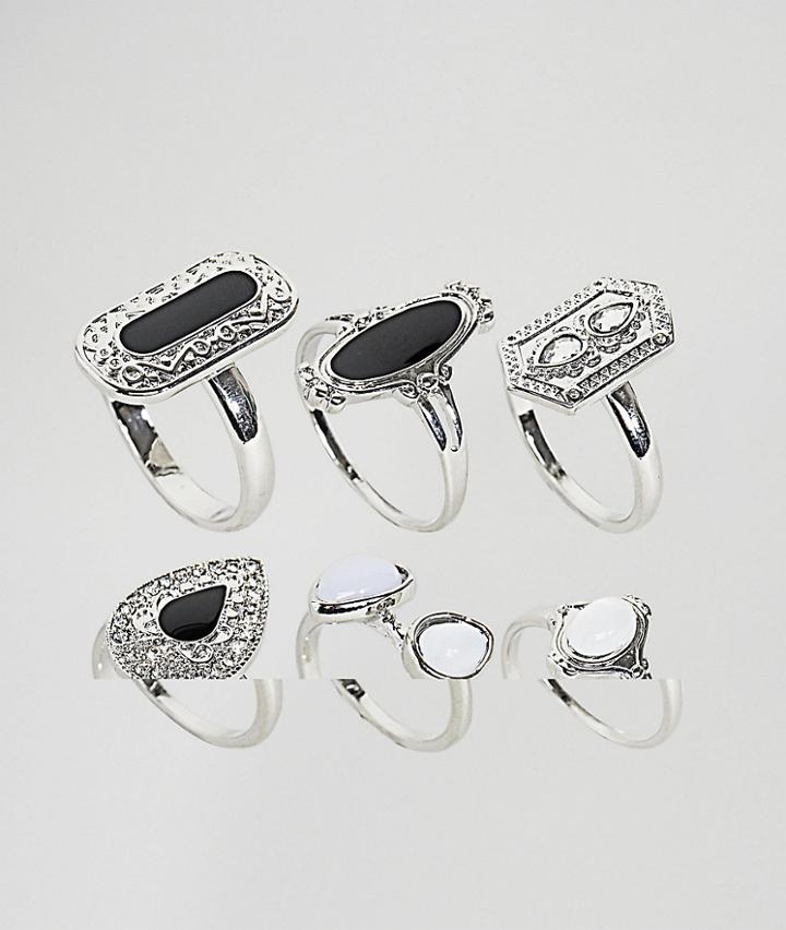 Asos Design Curve Pack Of 6 Enamel And Faux Moonstone Rings - Silver