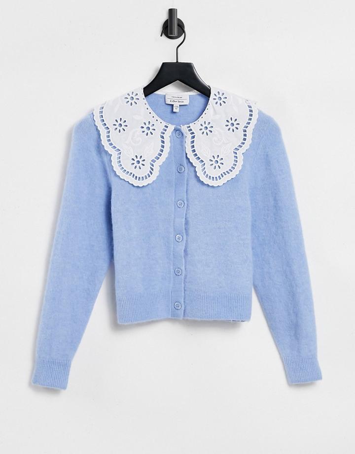 & Other Stories Embroidered Statement Collar Knit Cardigan In Light Blue-blues