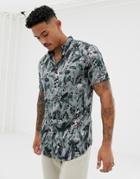 River Island Slim Fit Shirt With Revere Collar In Green Feather Print - Green