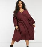 Asos Design Curve Oversized Textured Shirt Smock Midi Dress In Burgundy