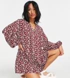 Asos Design Petite Button Through Mini Smock Dress With Long Sleeves In Berry Floral Print-purple