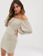 Asos Design Linen Look Mini Bardot Dress-beige