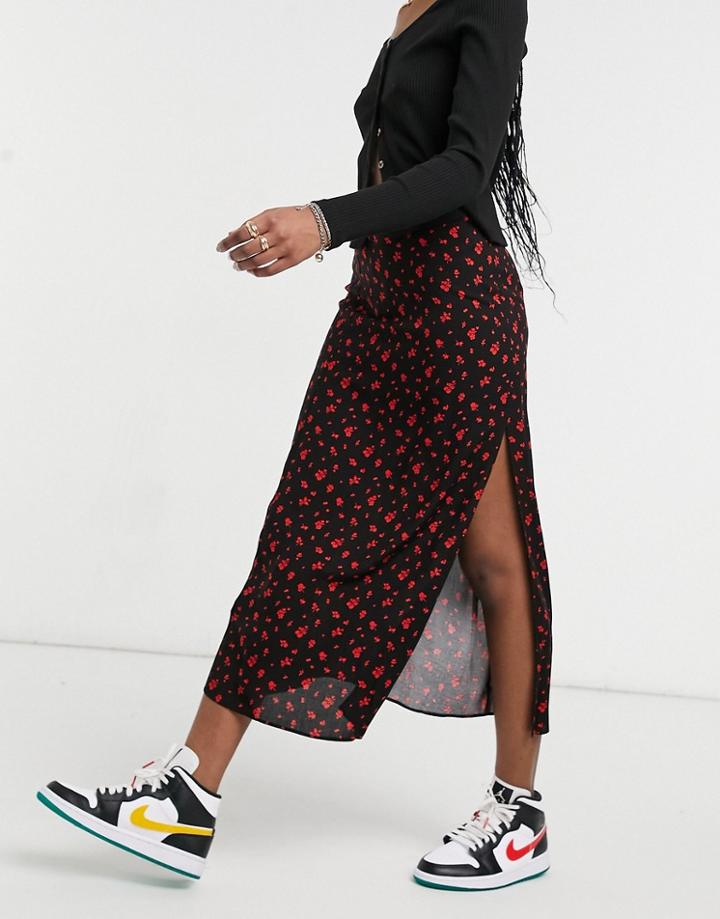 Asos Design Midi Skirt With Thigh Slit In Red Floral Print-multi