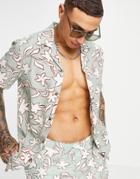 Asos Design Set Regular Revere Shirt In Green Floral Print