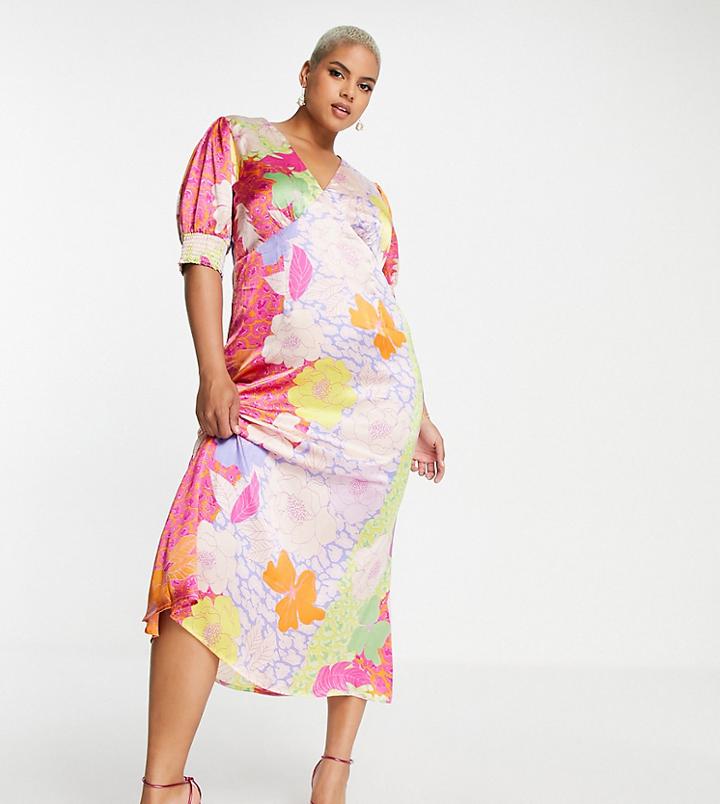 Never Fully Dressed Plus Puff Sleeve Maxi Tea Dress In Contrast Floral Prints-multi