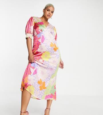Never Fully Dressed Plus Puff Sleeve Maxi Tea Dress In Contrast Floral Prints-multi
