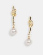 Asos Design Earrings With Knot Bar And Pearl Drop In Gold Tone - Gold