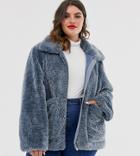 Urban Bliss Plus Zip Through Faux Fur Coat With Deep Cuffs-blue