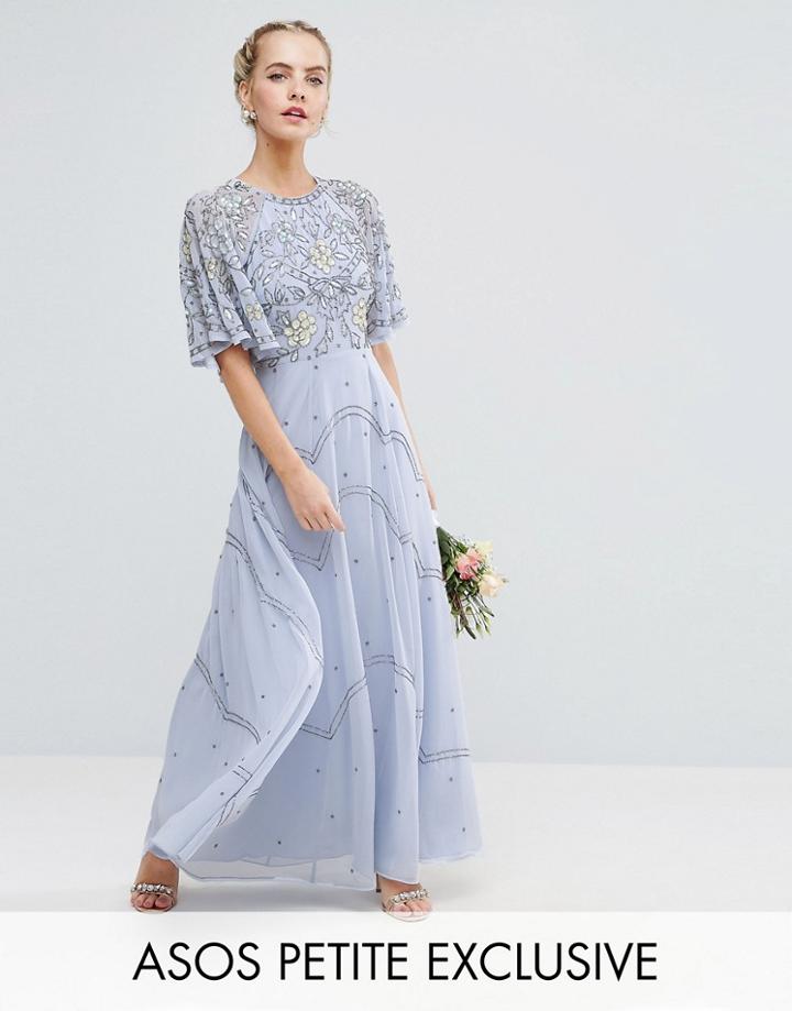 Asos Petite Wedding Embellished Floral Flutter Sleeve Maxi Dress - Multi