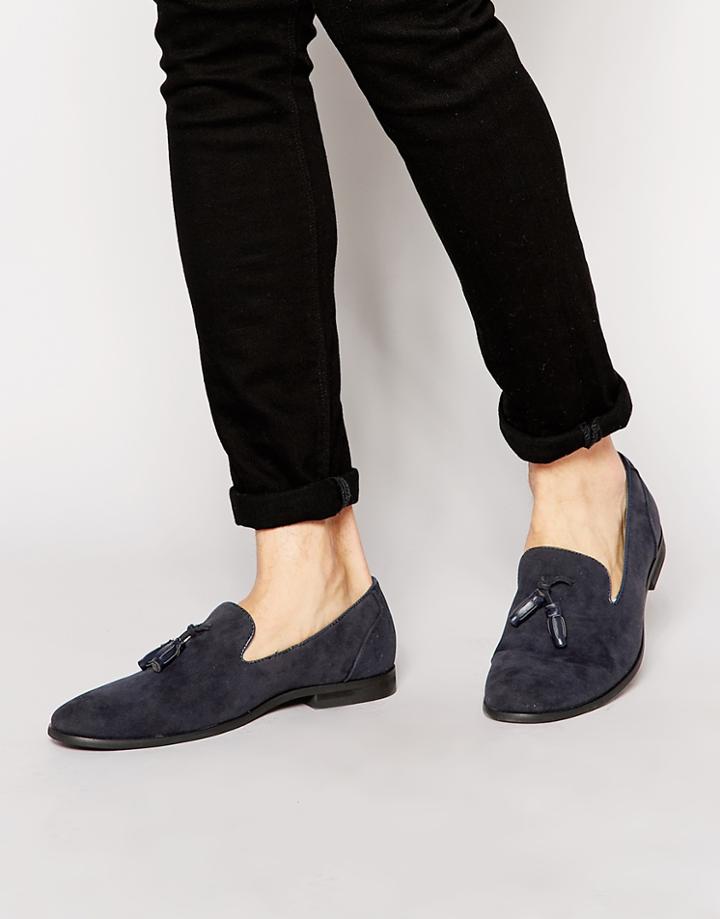 Asos Tassel Loafer In Navy Faux Suede - Navy