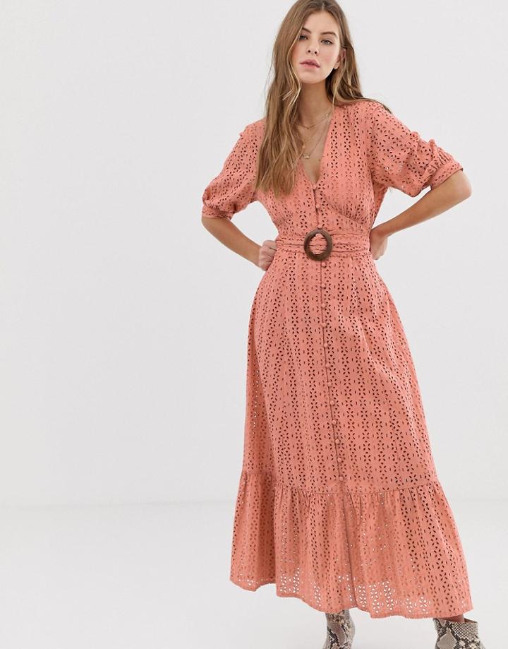 Asos Design Broderie Pephem Maxi Dress With Wooden Belt - Pink