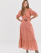 Asos Design Broderie Pephem Maxi Dress With Wooden Belt - Pink