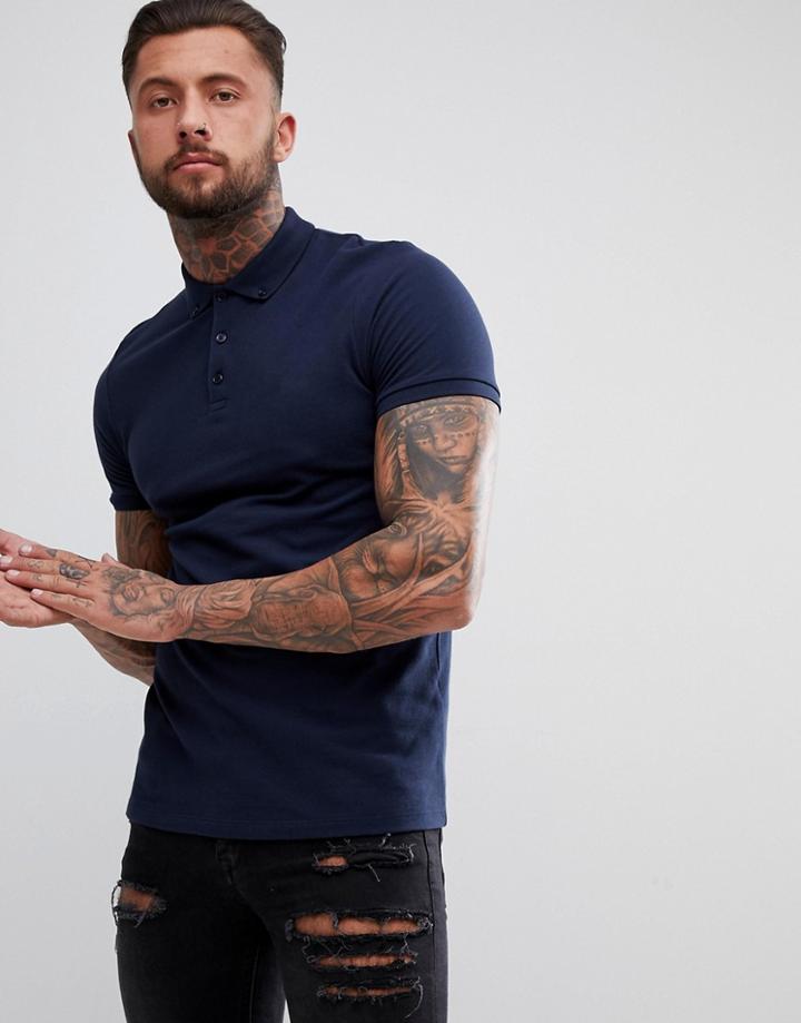 Asos Design Pique Polo With Button Down Collar In Navy - Navy