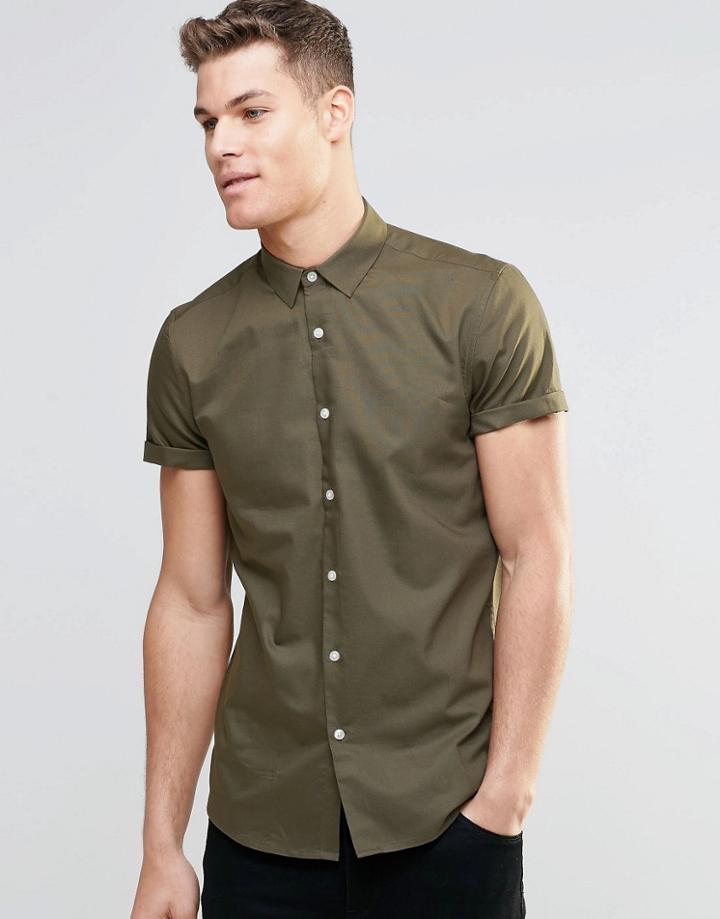 Asos Oxford Shirt In Khaki With Short Sleeves In Regular Fit - Khaki