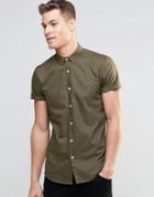 Asos Oxford Shirt In Khaki With Short Sleeves In Regular Fit - Khaki