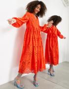 Asos Edition Wrap Smock Broderie Midi Dress In Tomato Red