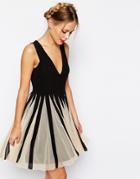 Asos Mesh Insert Fit And Flare V Neck Mini Dress - Mono