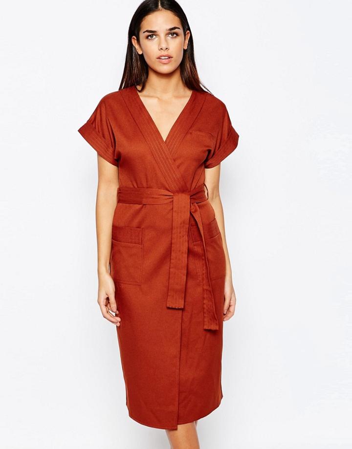 Club L Crepe Wrap Over Detail Dress - Rust