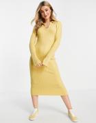 Monki Ecovero Rib Knit Midi Dress With Collar In Mustard-yellow