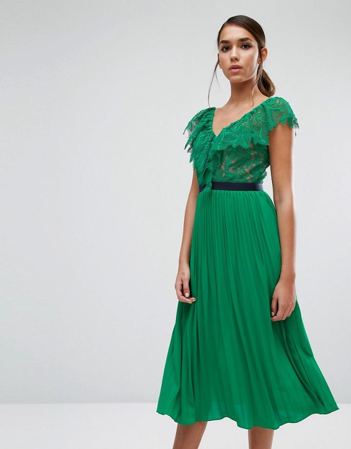 Three Floor Midi Dress With Pleated Skirt And Frill Detail - Green