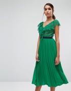 Three Floor Midi Dress With Pleated Skirt And Frill Detail - Green