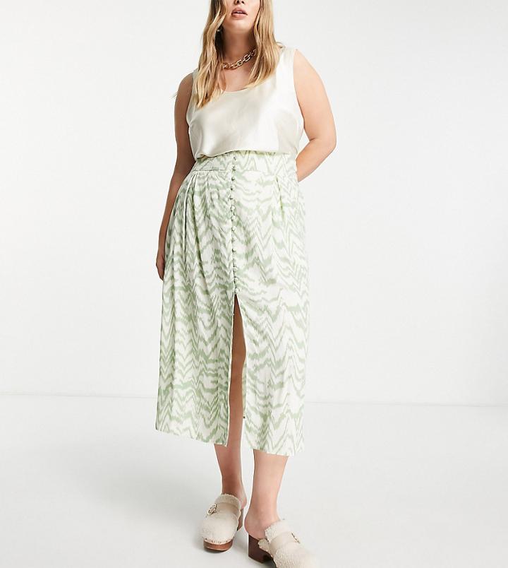 Asos Design Curve Button Through Midi Skirt With Split In Sage And White Zebra Print-multi