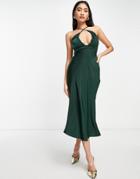 Asos Design Cross Front Halter Satin Midi Dress With Tie Back-green