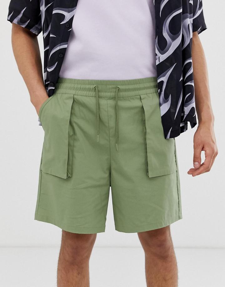 Asos Design Relaxed Utility Shorts In Khaki-green