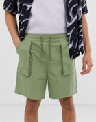 Asos Design Relaxed Utility Shorts In Khaki-green