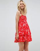 Asos Shirred Mini Sundress With Tiered Skirt In Red Ditsy Print - Multi