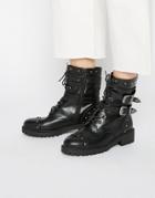 Daisy Street Lace Up Strap Chunky Flat Ankle Boots - Black