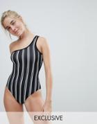 Monki Stripe One Shoulder Swimsuit-black