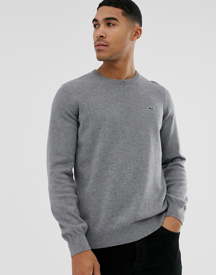 Lacoste Logo Crew Neck Cotton Knit Sweater In Dark Gray