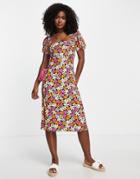 Qed London Soft Touch Square Neck Midi Dress In 70s Floral Print-multi