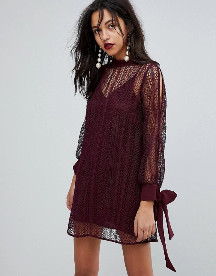 River Island Lace Tie Sleeve Shift Dress-red